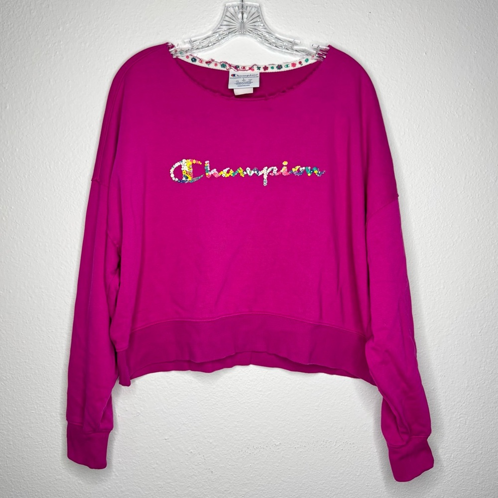 Champion Pink Fuschia Crop Sweatshirt Floral Logo Raw Collar Size‎ L